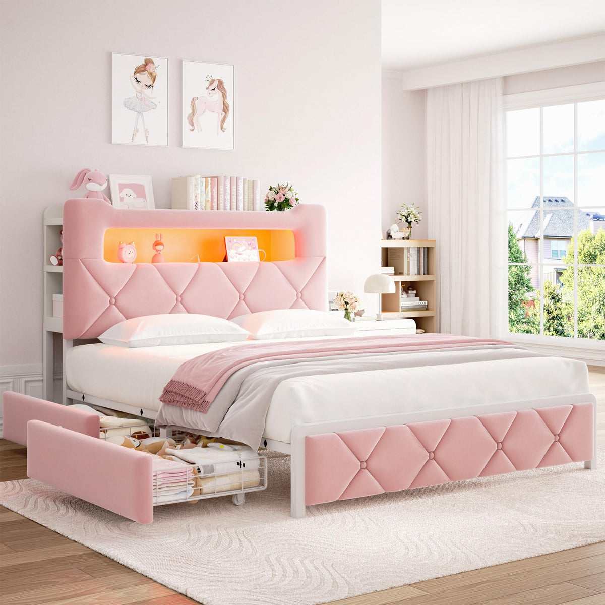Pink Velvet Upholstered Platform Bed Frame with 2 Storage Drawers Y63088