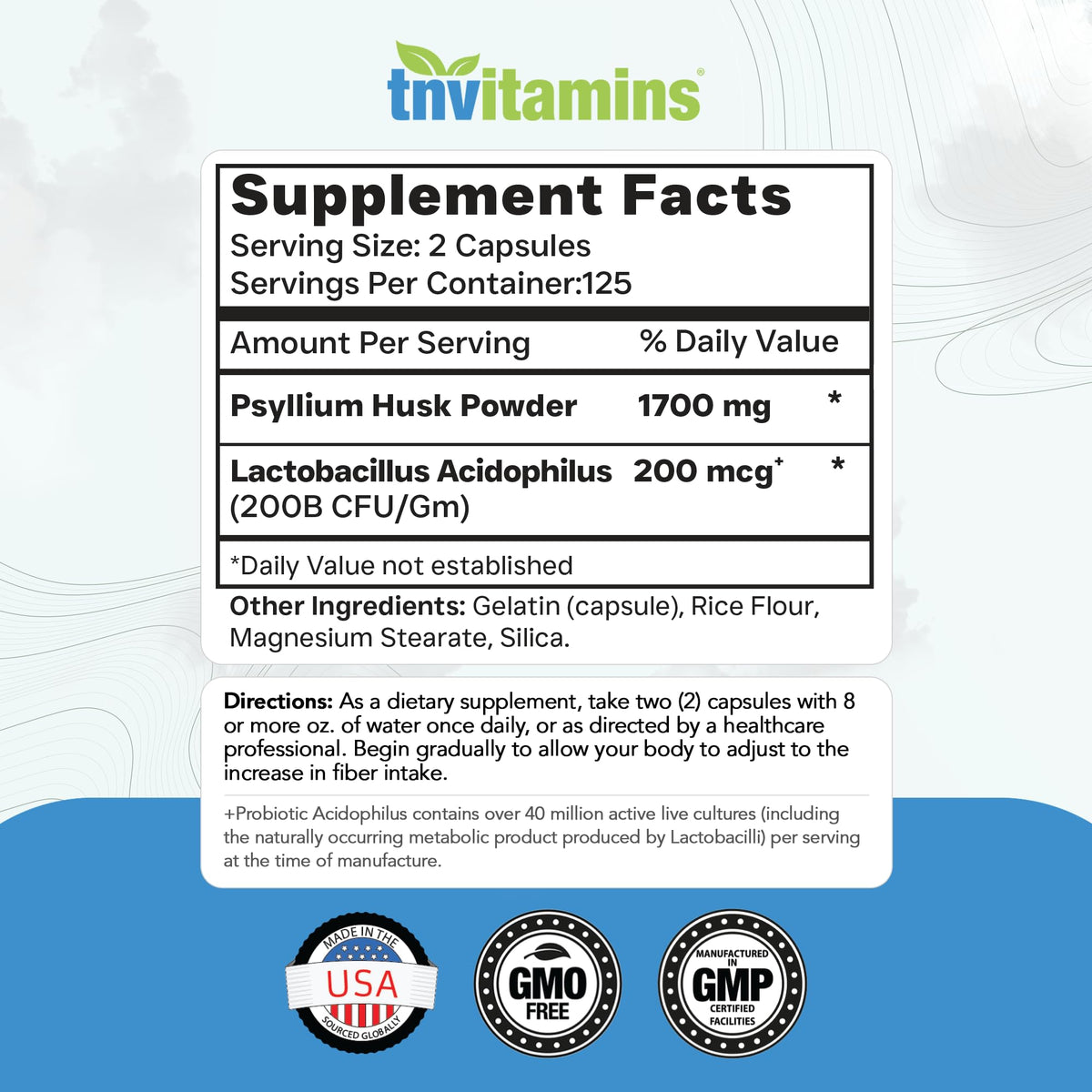 Psyllium Husk Capsules 1700 MG 250 Capsules H10444