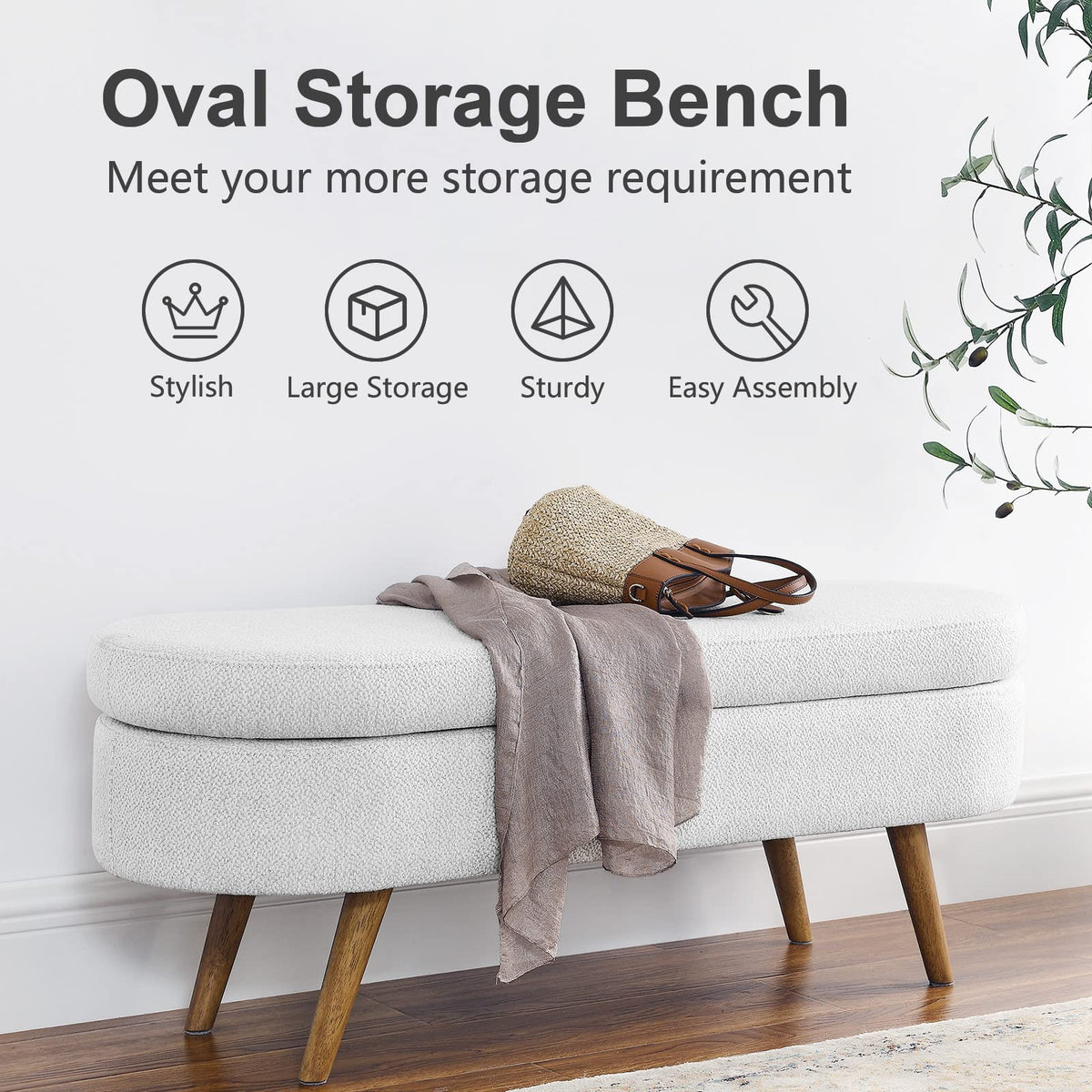 White Linen Fabric Upholstered Storage Bench with Solid Wood Legs T103
