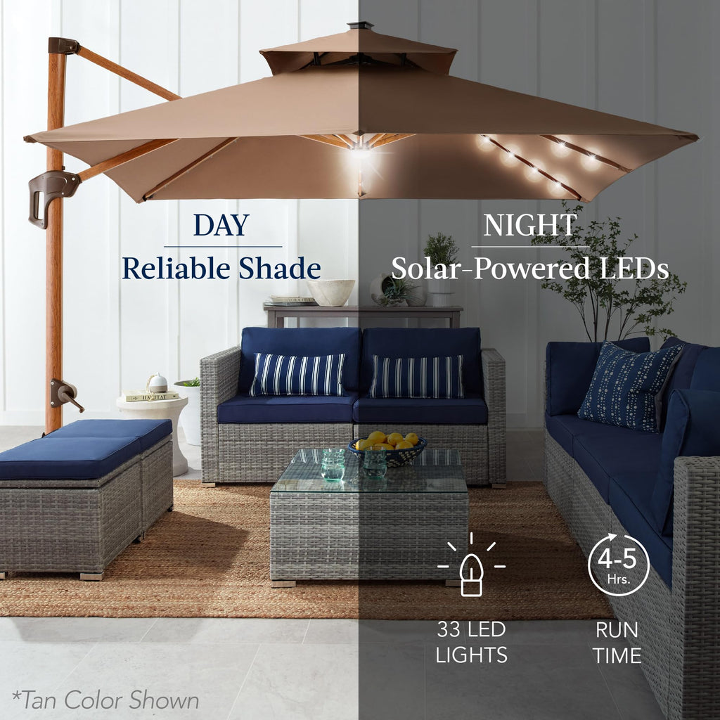 10ft Square Cantilever Patio Umbrella with Base and Solar LED Lights N250