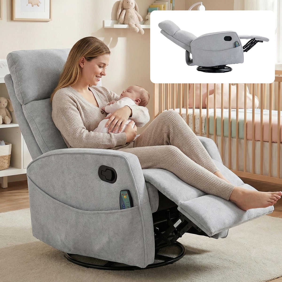 Gray Manual Swivel Glider Recliner with Massage E66611
