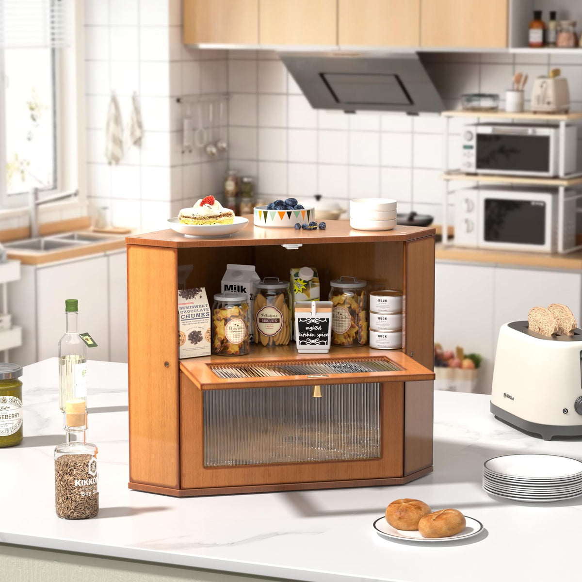 Large Capacity 2 Layer Bamboo Bread Box with Acrylic Window R53327