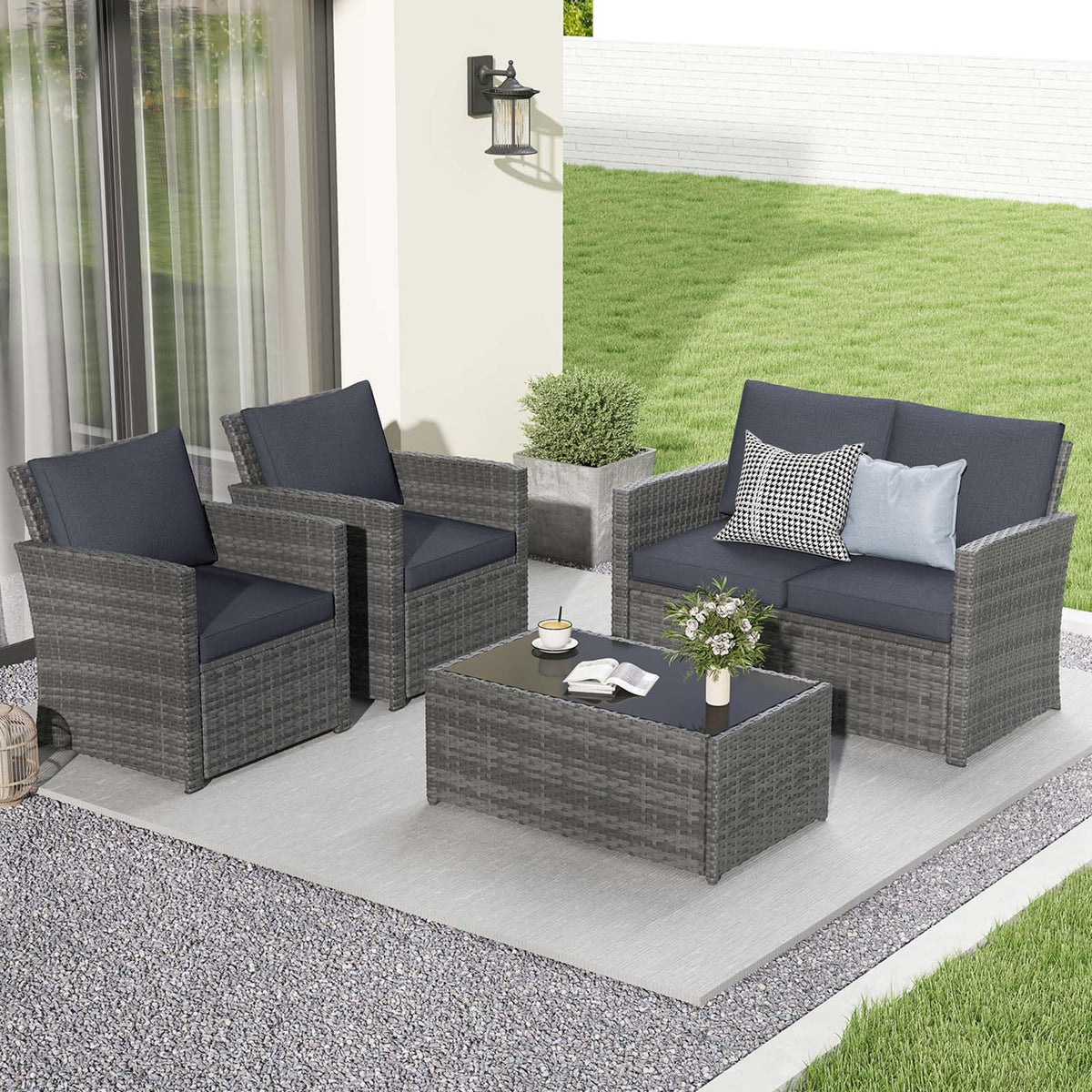 4 Piece Dark Gray Wicker Patio Furniture Set U9073
