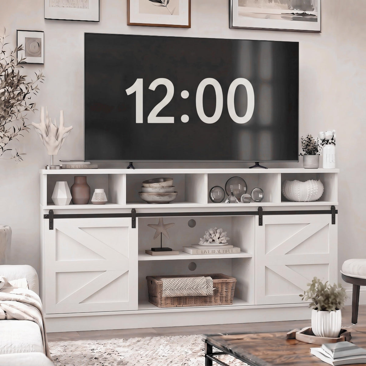 White 58" Farmhouse TV Stand with Sliding Barn Doors Q257