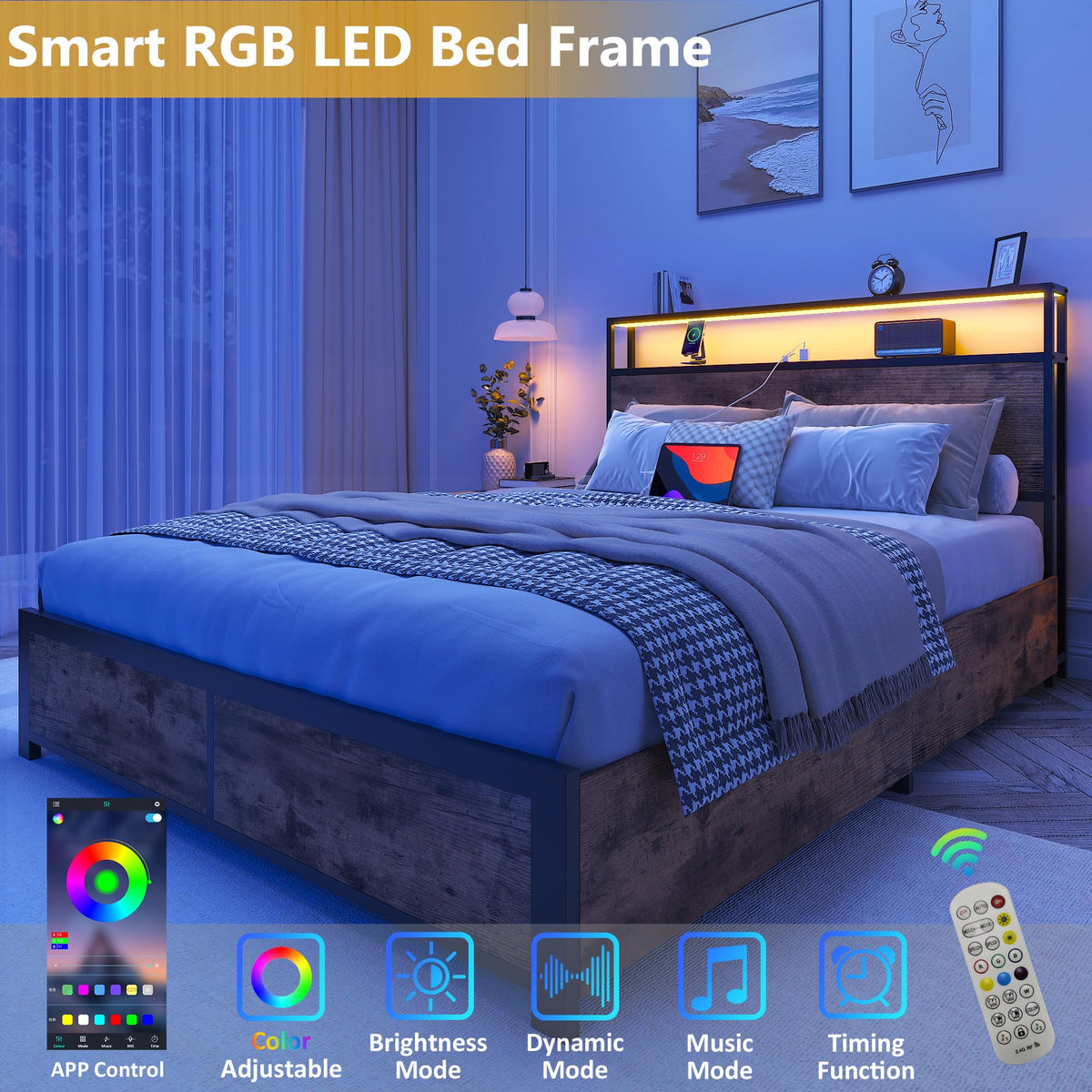 Full Metal Platform Bed Frame with Storage Headboard and Drawers U548