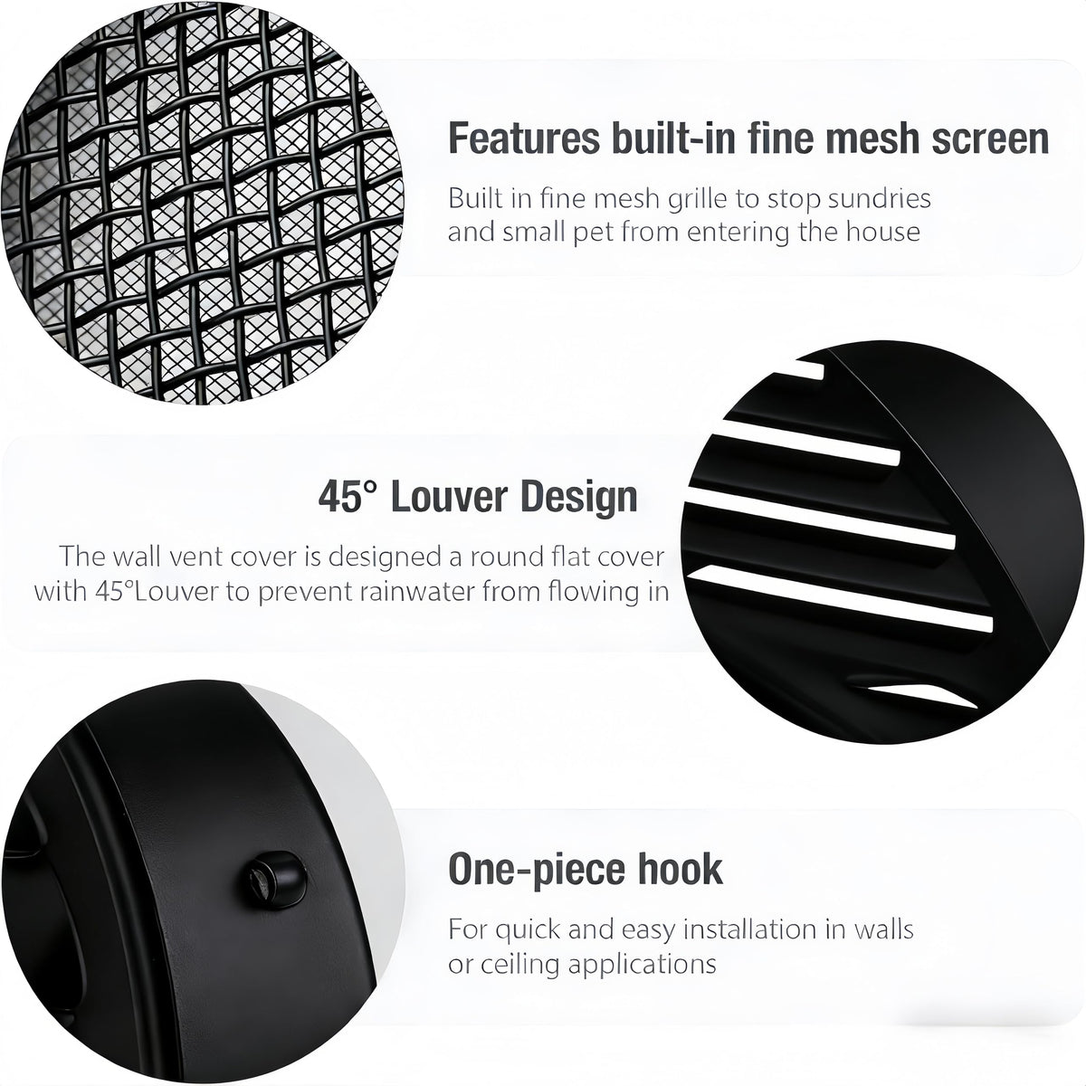 Black 2 Inches Round Aluminum Louver with Insect Screen Y9717