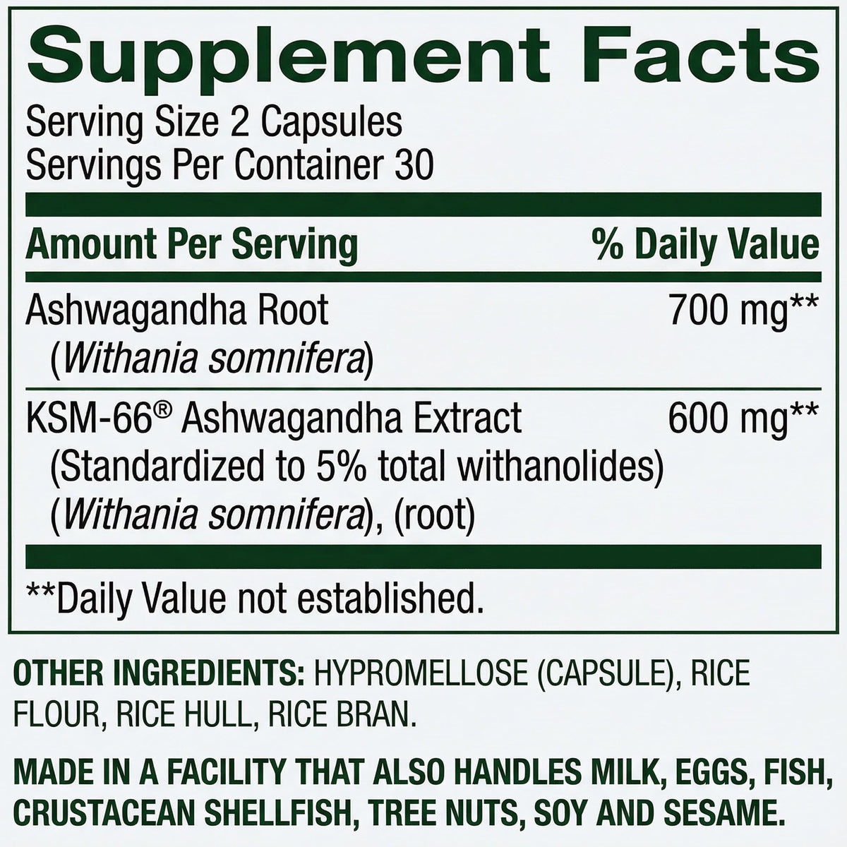 Ashwagandha 1300 mg 60 Vegetarian Capsules U739