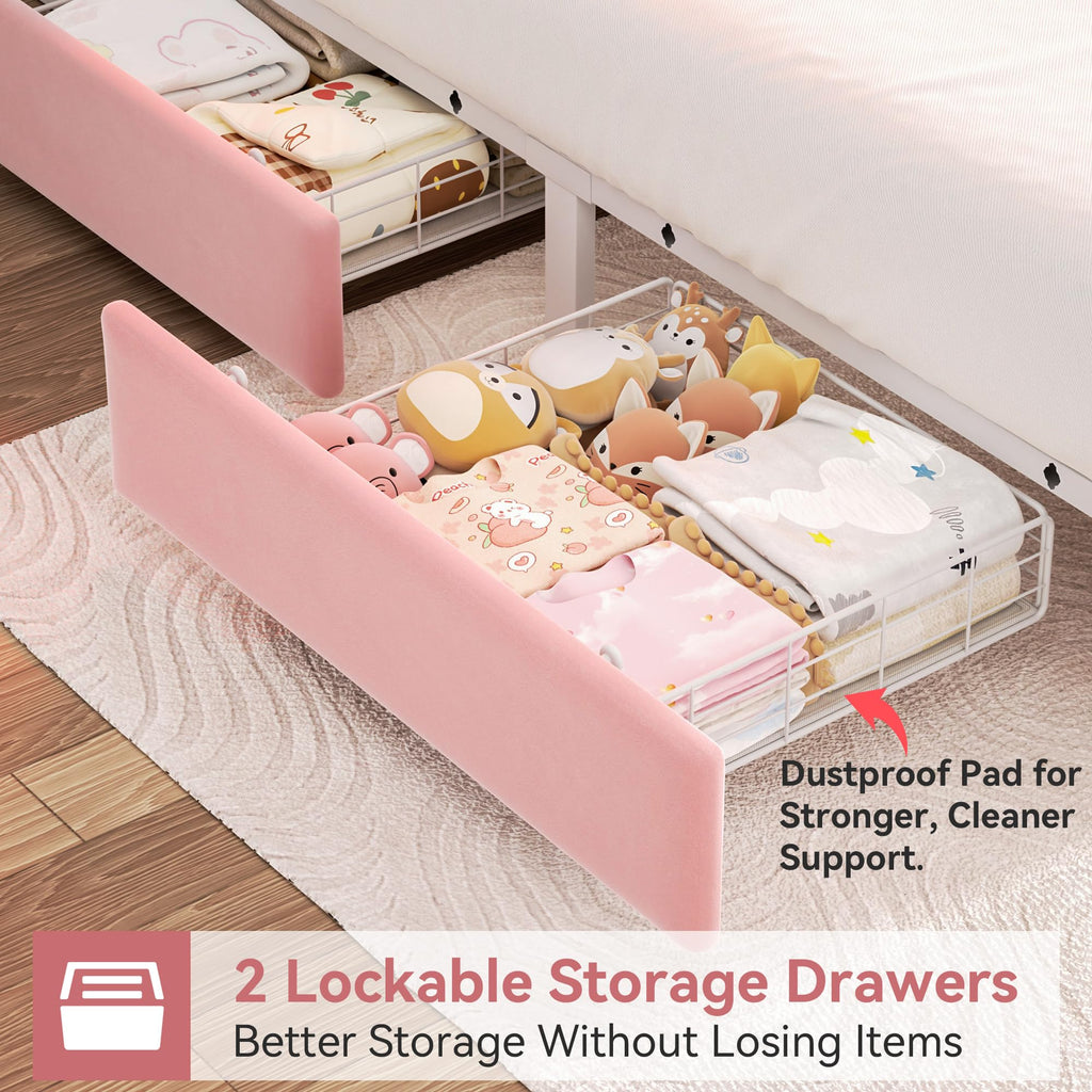 Pink Velvet Upholstered Platform Bed Frame with 2 Storage Drawers Y63088