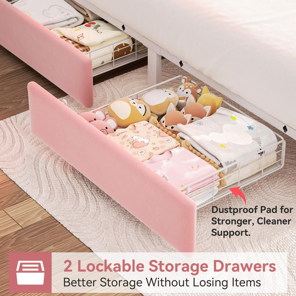 Pink Velvet Upholstered Platform Bed Frame with 2 Storage Drawers Y63088
