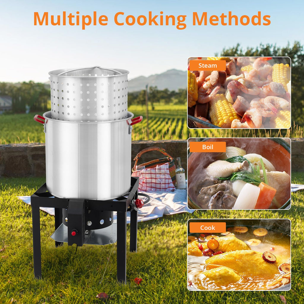 60QT Aluminum Seafood Boil Pot with Strainer Basket and Propane Burner J1210