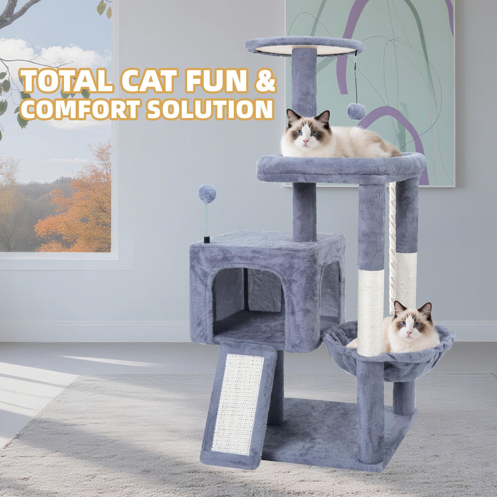37.5" Cat Tree Tower with Scratching Board Hammock Grey R447670
