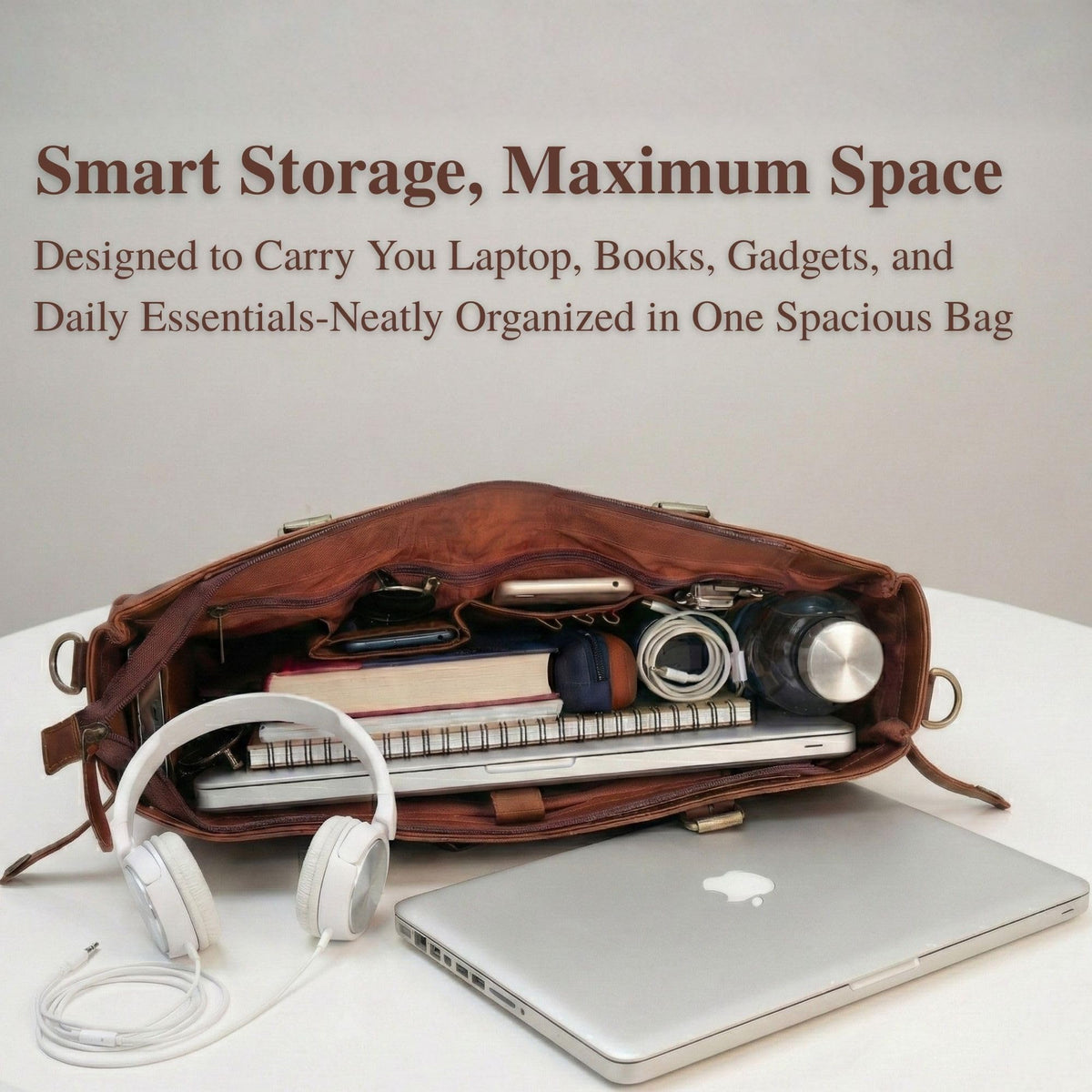17-inch Large Brown Genuine Leather Laptop Bag W83774