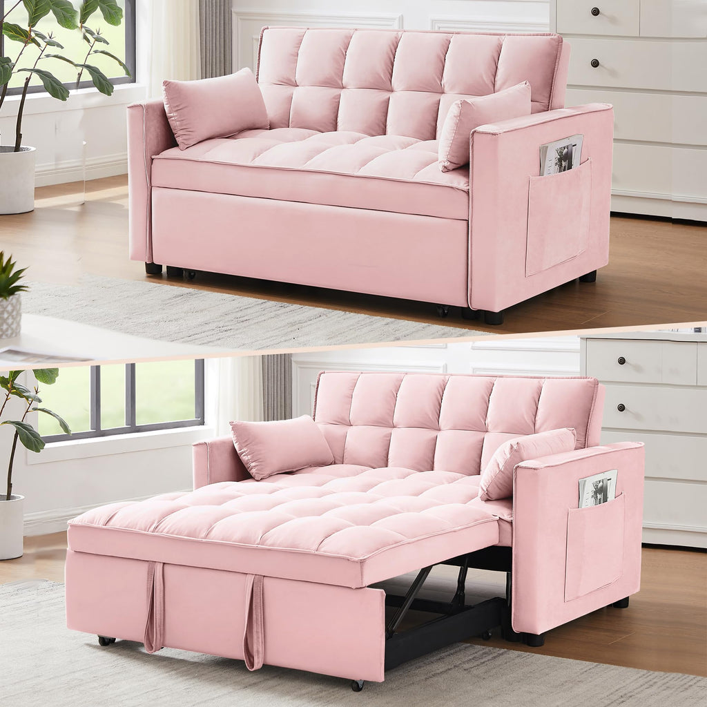 3 in 1 Convertible Sleeper Sofa Bed Velvet Pink Y974727