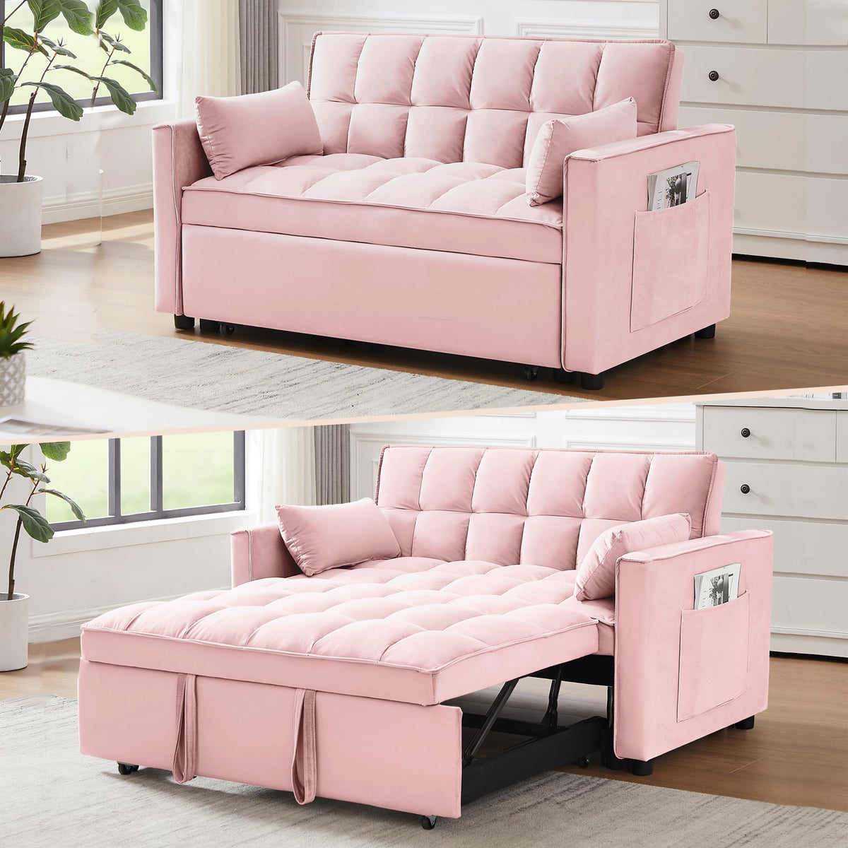 3 in 1 Convertible Sleeper Sofa Bed Velvet Pink Y974727