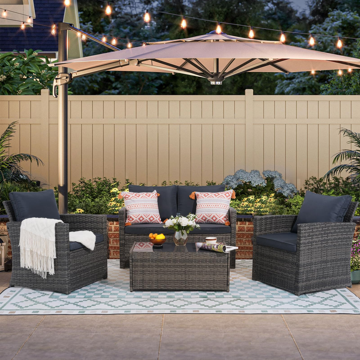 4 Piece Dark Gray Wicker Patio Furniture Set U9073