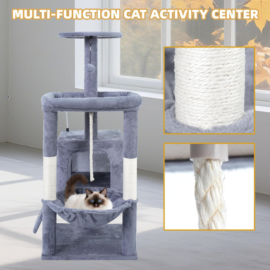 37.5" Cat Tree Tower with Scratching Board Hammock Grey R447670