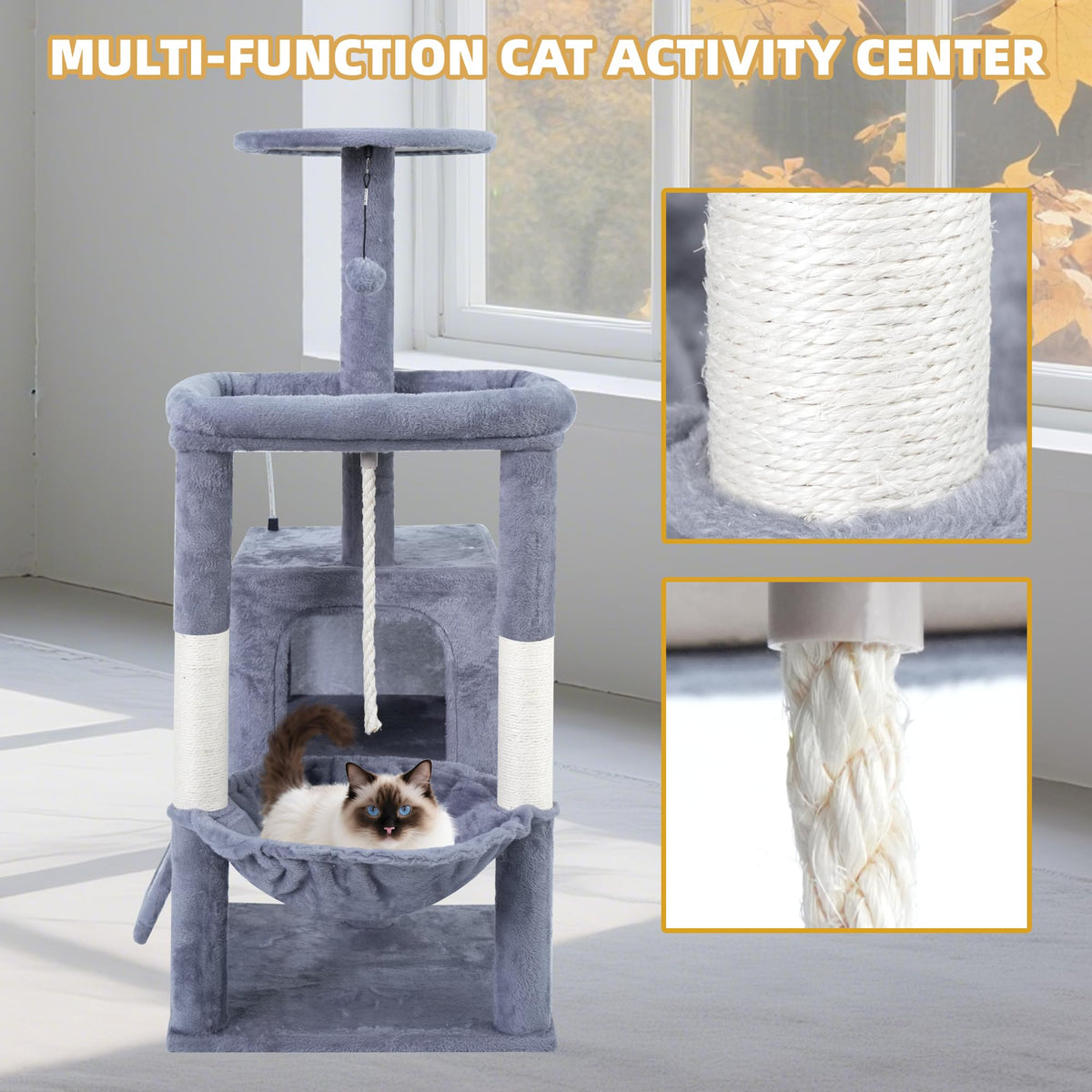 37.5" Cat Tree Tower with Scratching Board Hammock Grey R447670