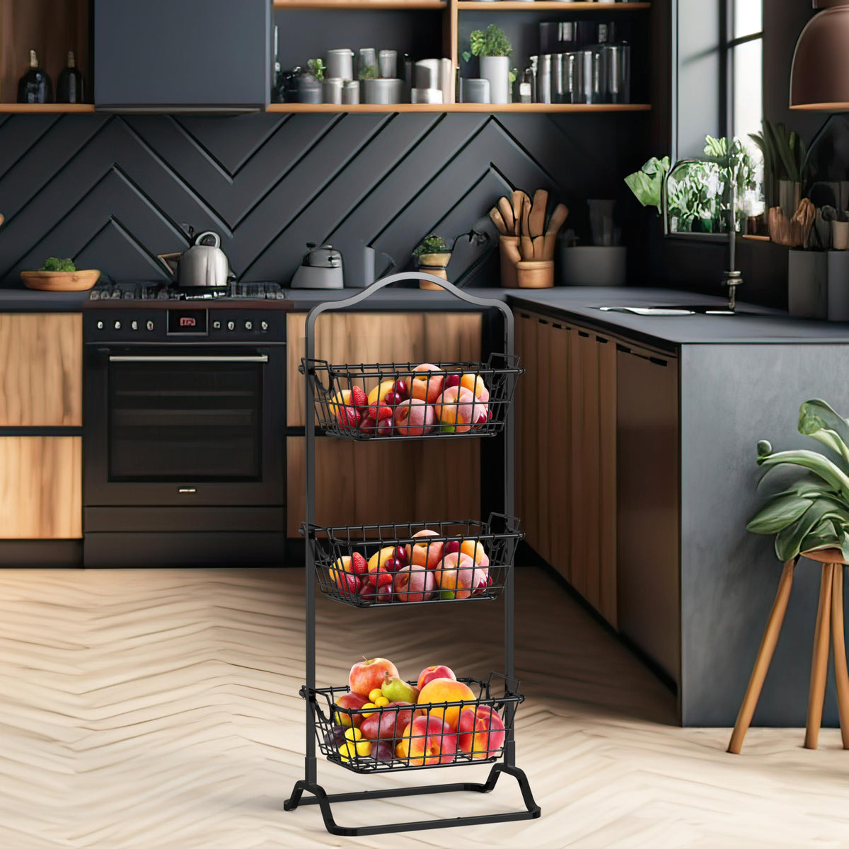 3-Tier Wire Fruit Basket Stand, Black P11727