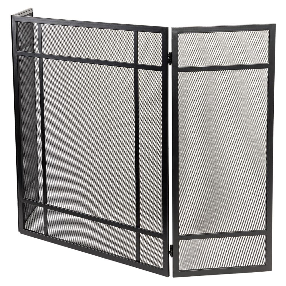 Black 3-Panel Steel Mesh Trifold Fireplace Screen F380858