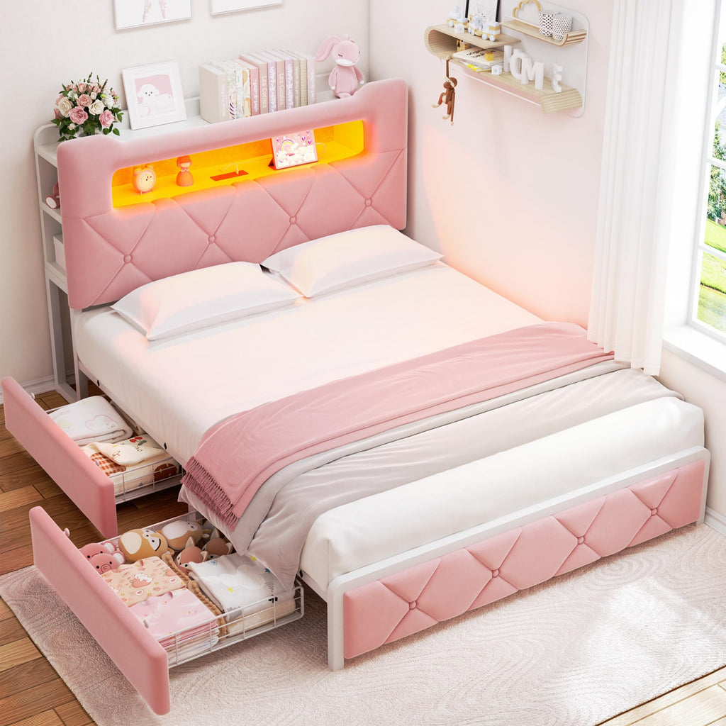 Pink Velvet Upholstered Platform Bed Frame with 2 Storage Drawers Y63088