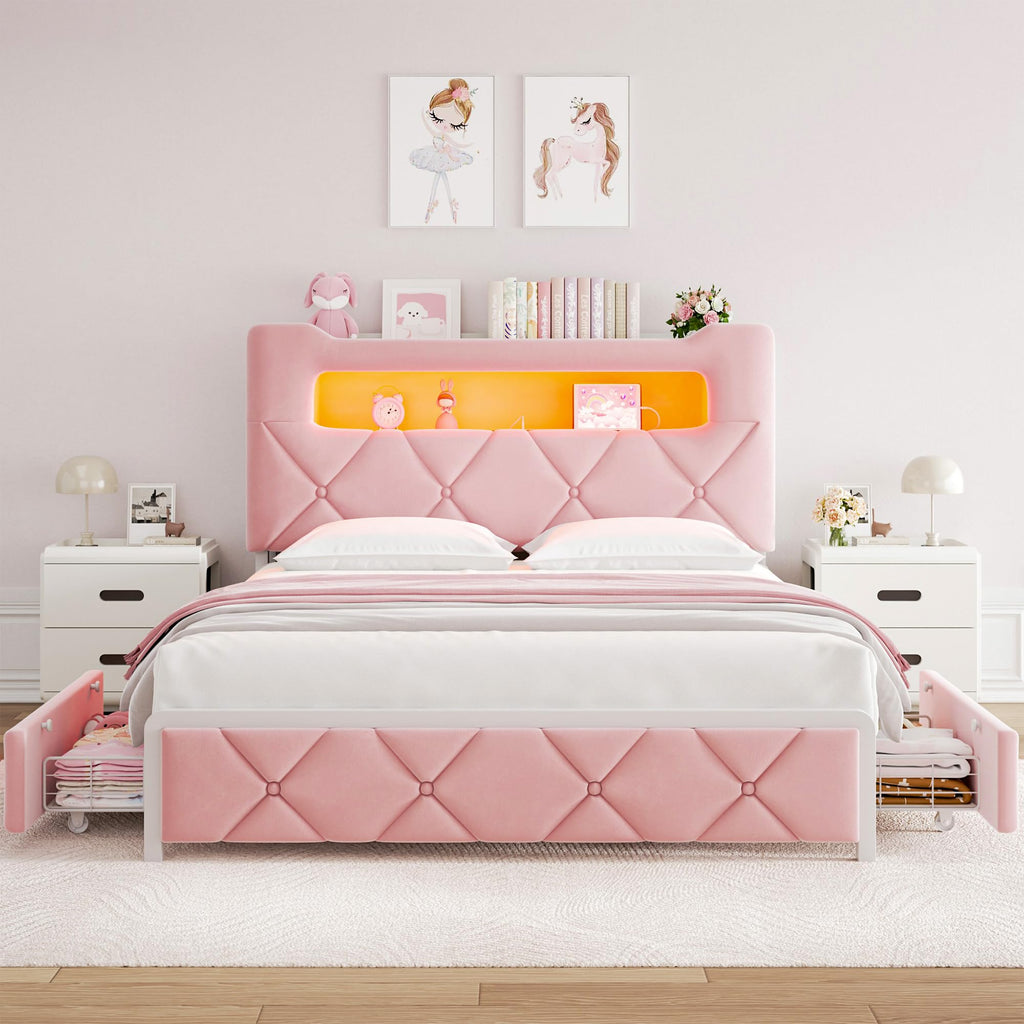 Pink Velvet Upholstered Platform Bed Frame with 2 Storage Drawers Y63088