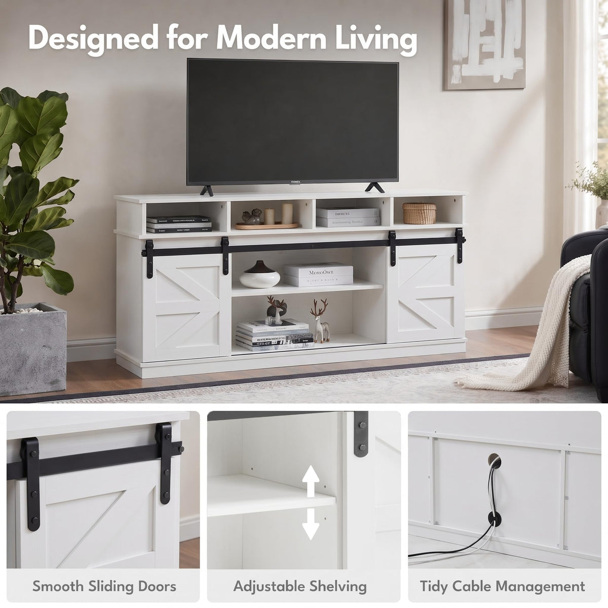 White 58" Farmhouse TV Stand with Sliding Barn Doors Q257