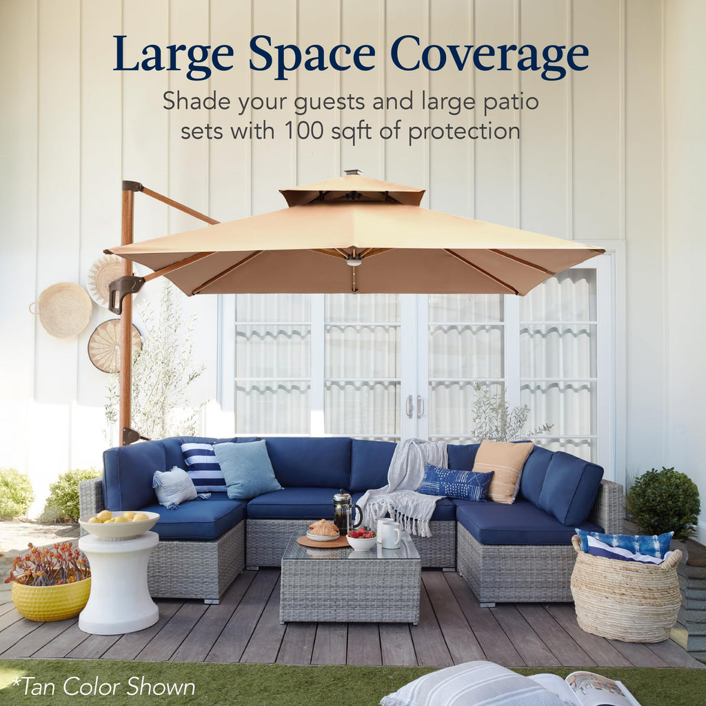 10ft Square Cantilever Patio Umbrella with Base and Solar LED Lights N250