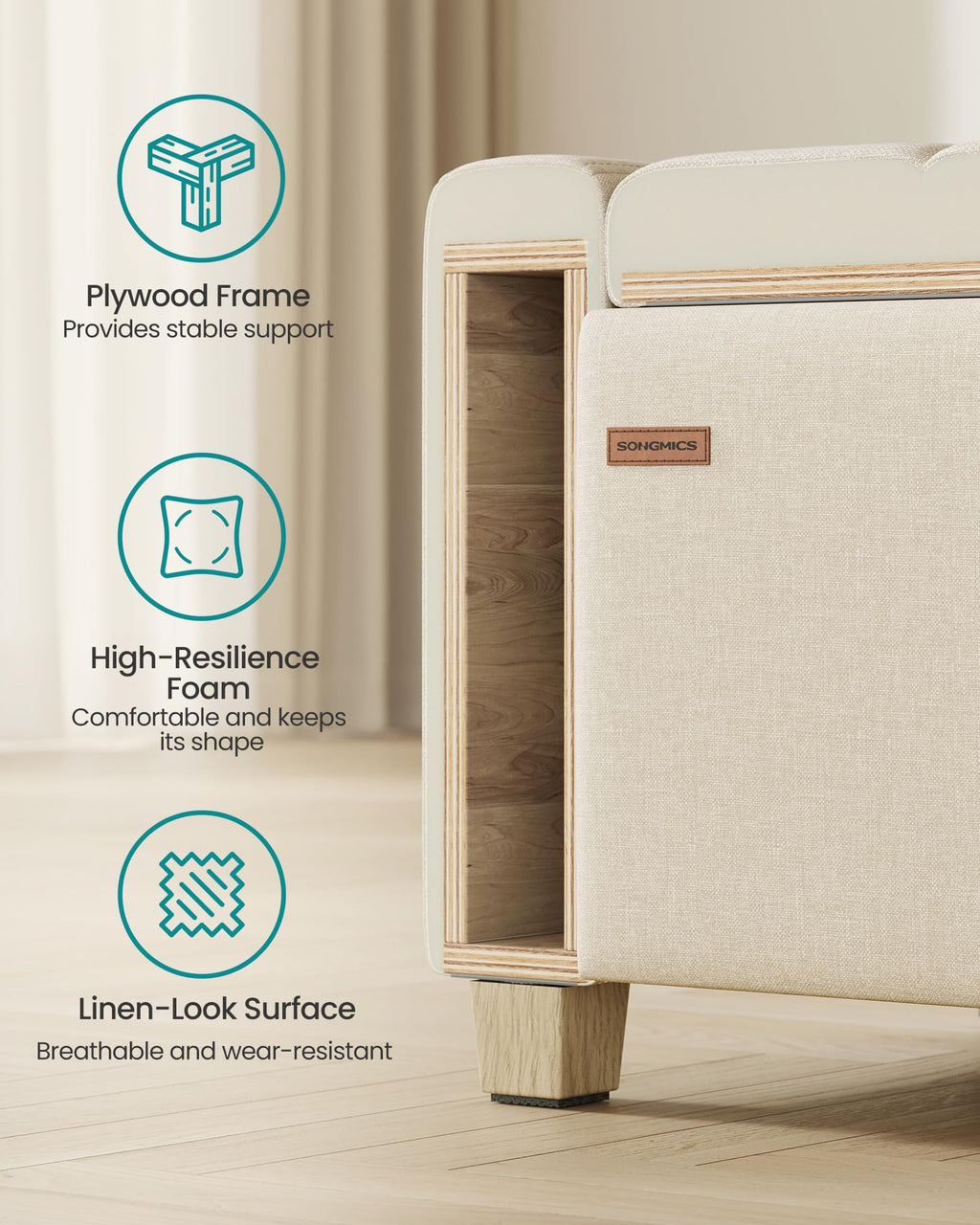 48 Inches Storage Ottoman with Solid Wood Legs H407454