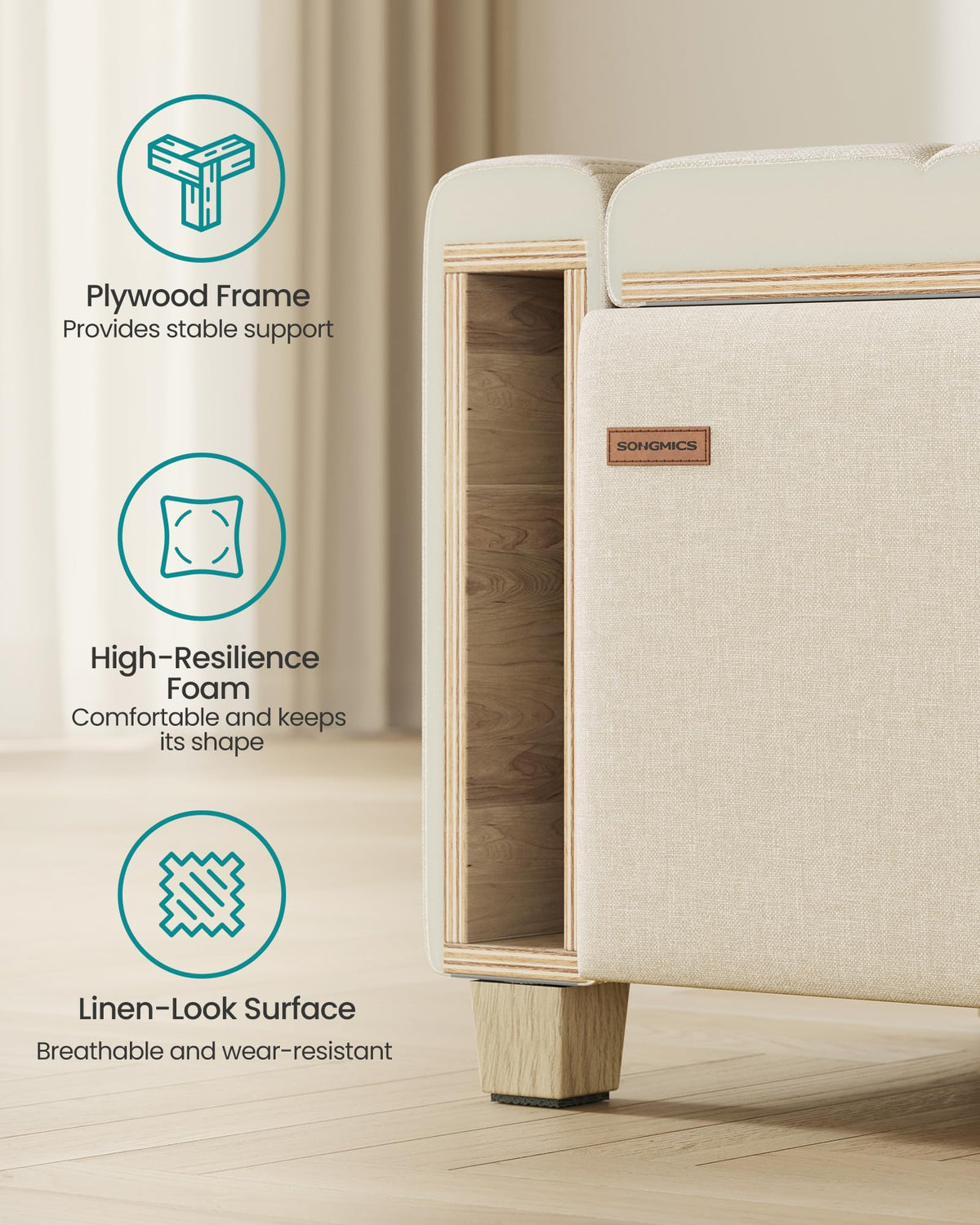 48 Inches Storage Ottoman with Solid Wood Legs H407454