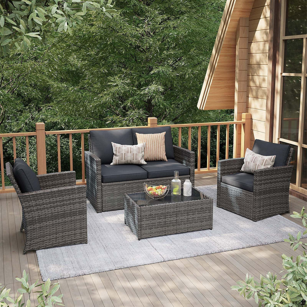 4 Piece Dark Gray Wicker Patio Furniture Set U9073