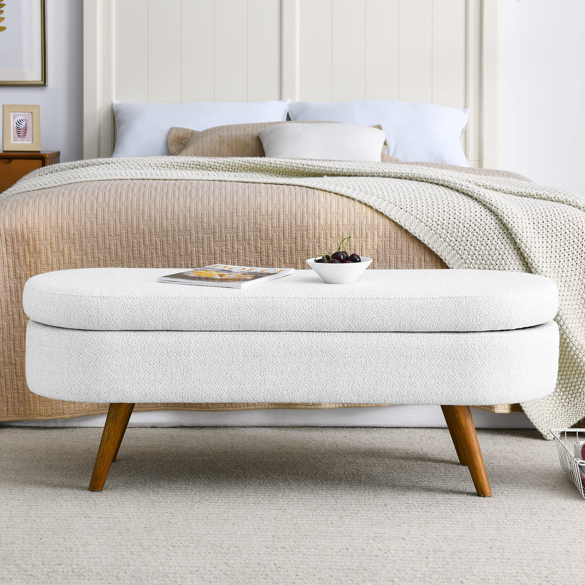 White Linen Fabric Upholstered Storage Bench with Solid Wood Legs T103