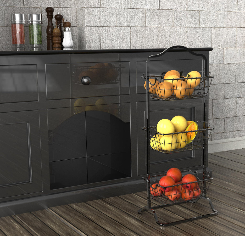 3-Tier Wire Fruit Basket Stand, Black P11727