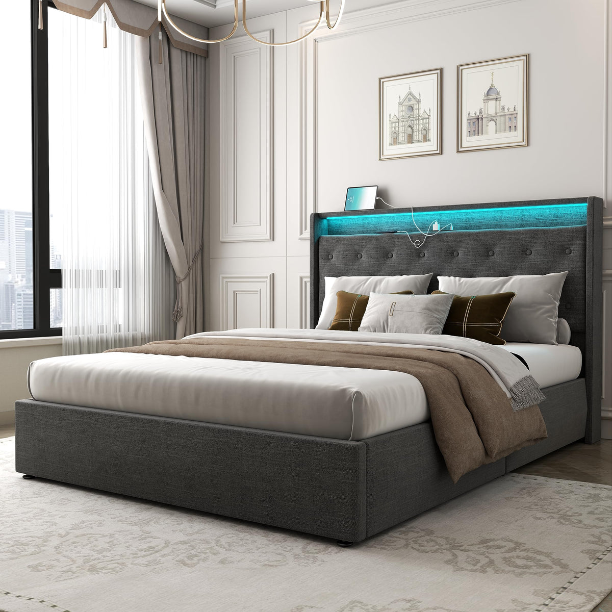 Queen Lift Up Storage Bed Frame with Charging Station & LED Lights Dark Grey B1863