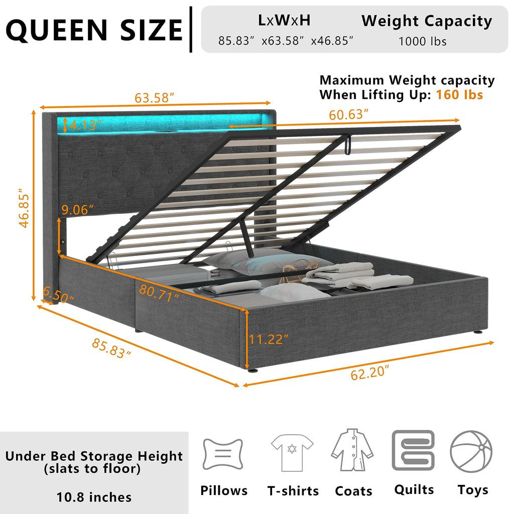Queen Lift Up Storage Bed Frame with Charging Station & LED Lights Dark Grey B1863