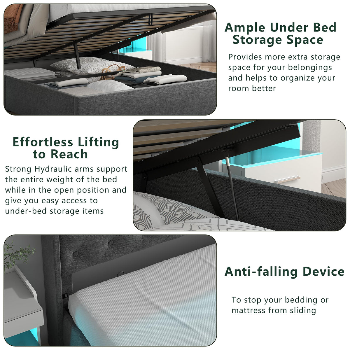 Queen Lift Up Storage Bed Frame with Charging Station & LED Lights Dark Grey B1863