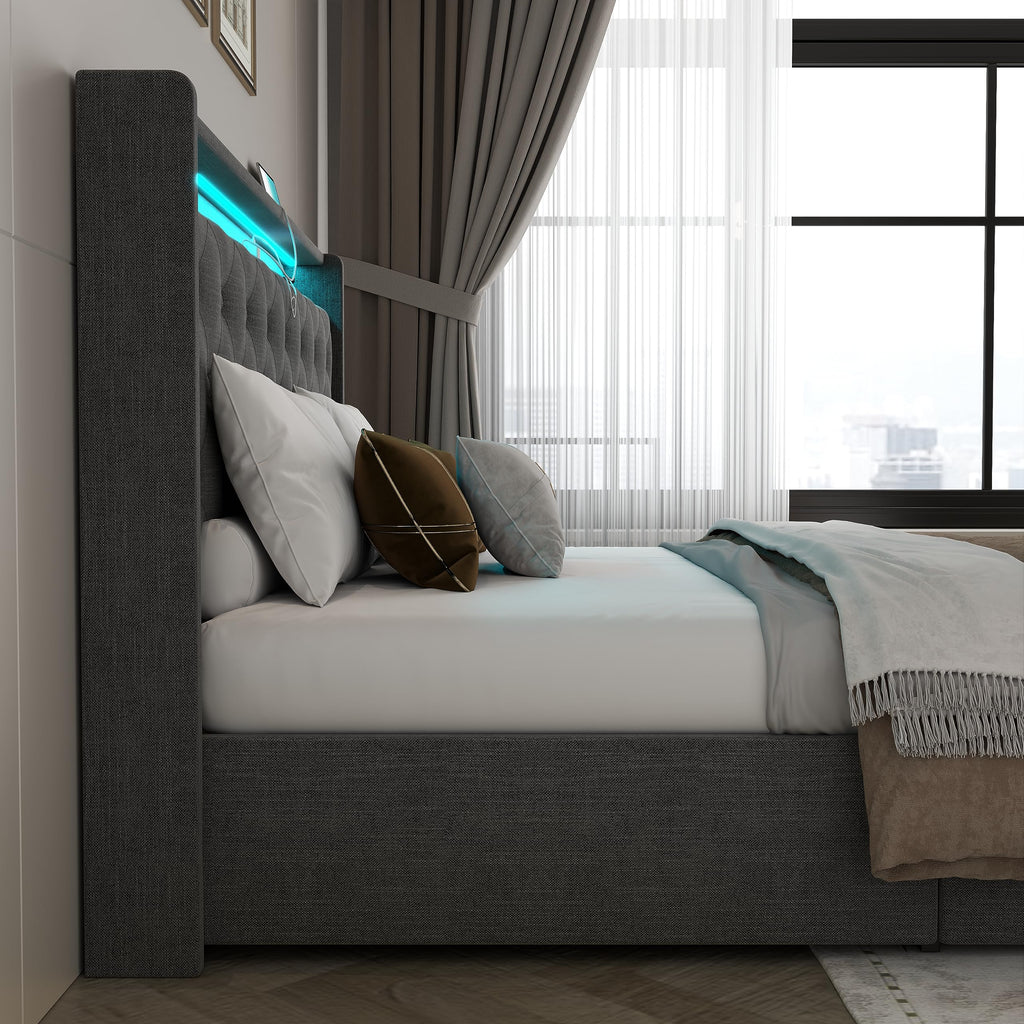Queen Lift Up Storage Bed Frame with Charging Station & LED Lights Dark Grey B1863