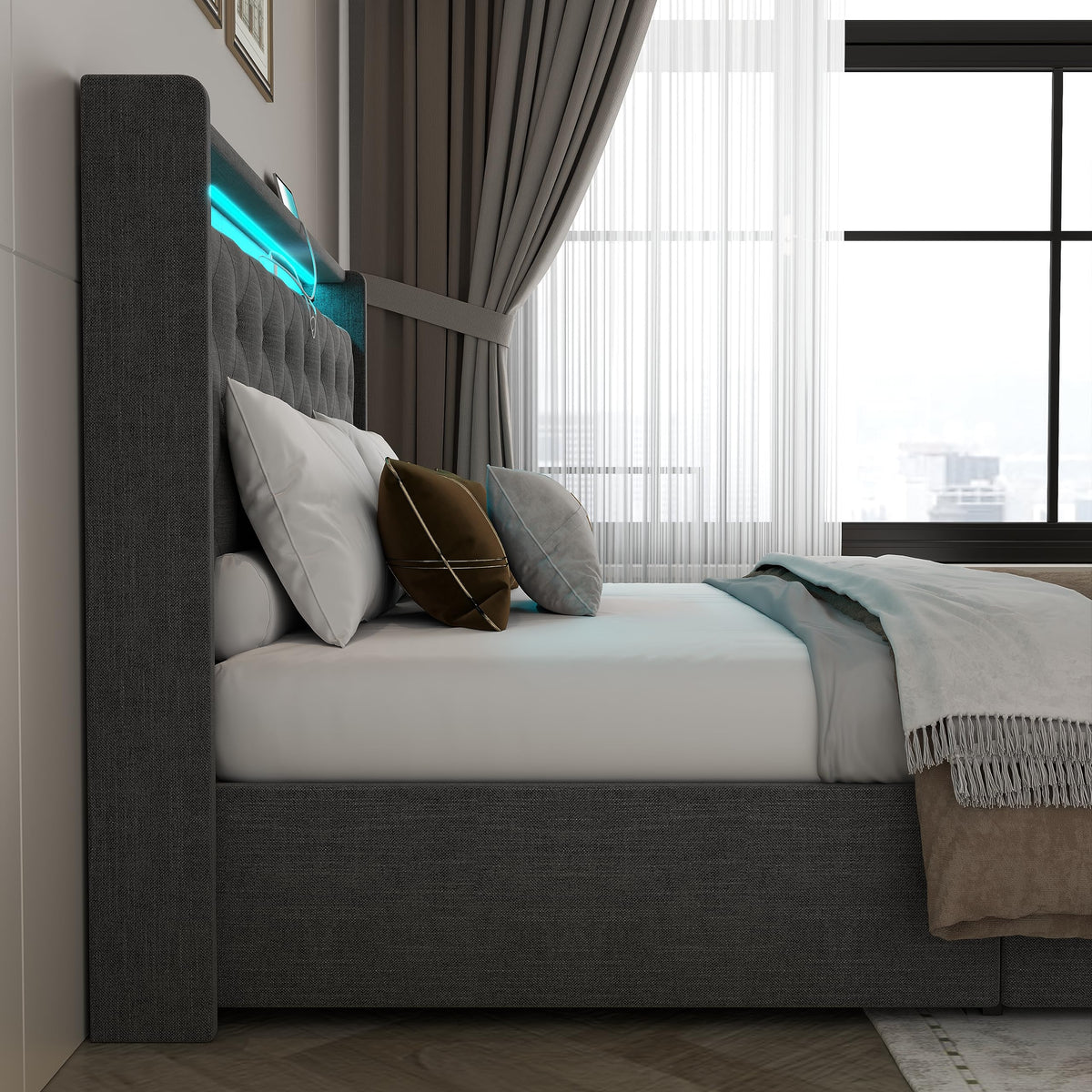 Queen Lift Up Storage Bed Frame with Charging Station & LED Lights Dark Grey B1863