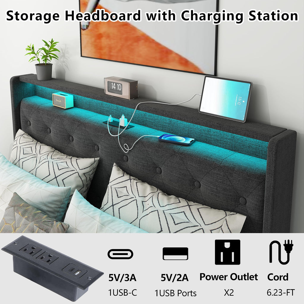 Queen Lift Up Storage Bed Frame with Charging Station & LED Lights Dark Grey B1863