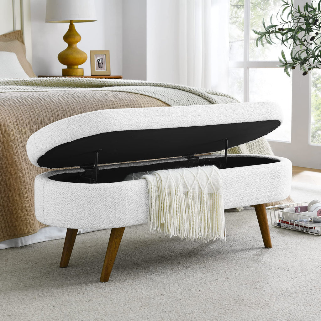 White Linen Fabric Upholstered Storage Bench with Solid Wood Legs T103
